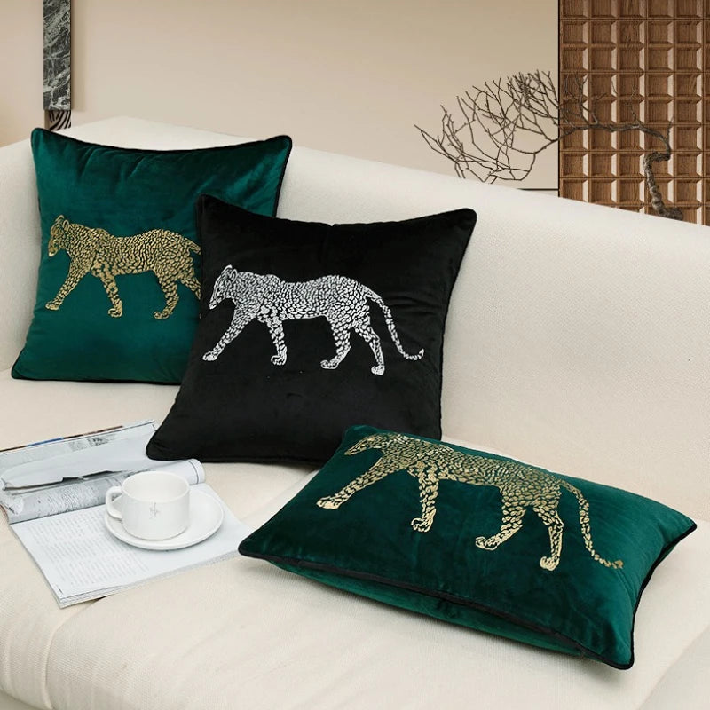 housse coussin brodée léopard velours élégante noir vert décorative maison voiture 45x45cm 30x50cm fixations