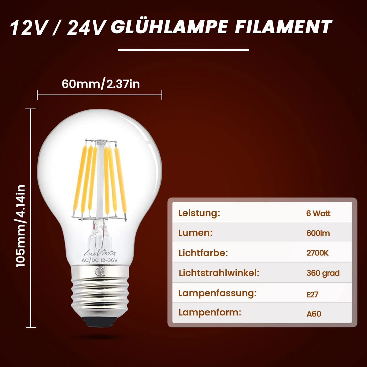 ampoules led filament doré transparentes modernes 12v 24v 6w 2700k 4500k e27 e26