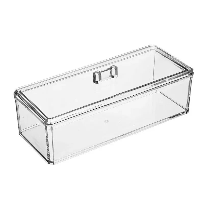 boîte rangement transparente multi compartiments clips moderne bâtonnets coton serviettes papier savon minimaliste organisation
