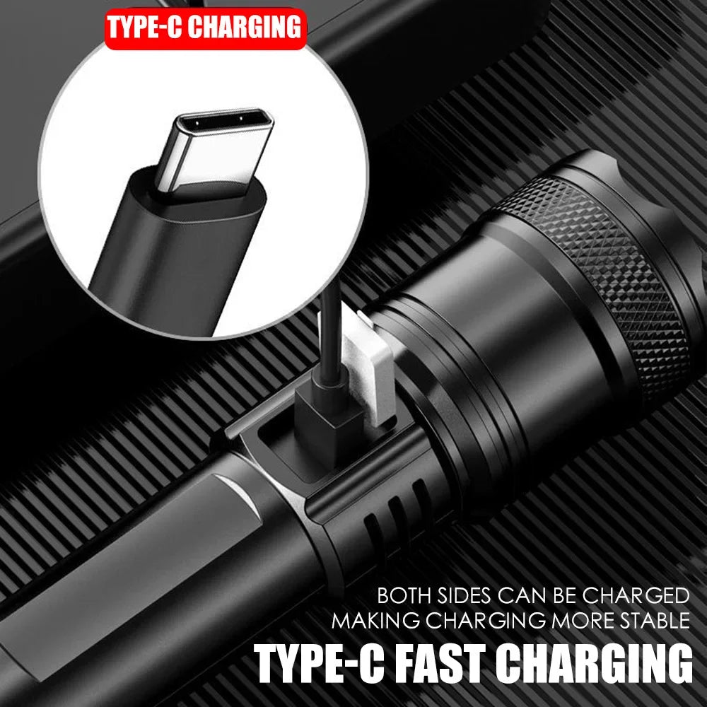 lampe torche led rechargeable usb super lumineuse zoomable mode réglable camping randonnée