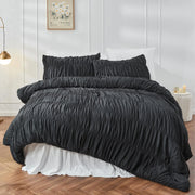 Housse de couette noire froncée douce et luxueuse - Ensemble literie 3 pièces style Boho
