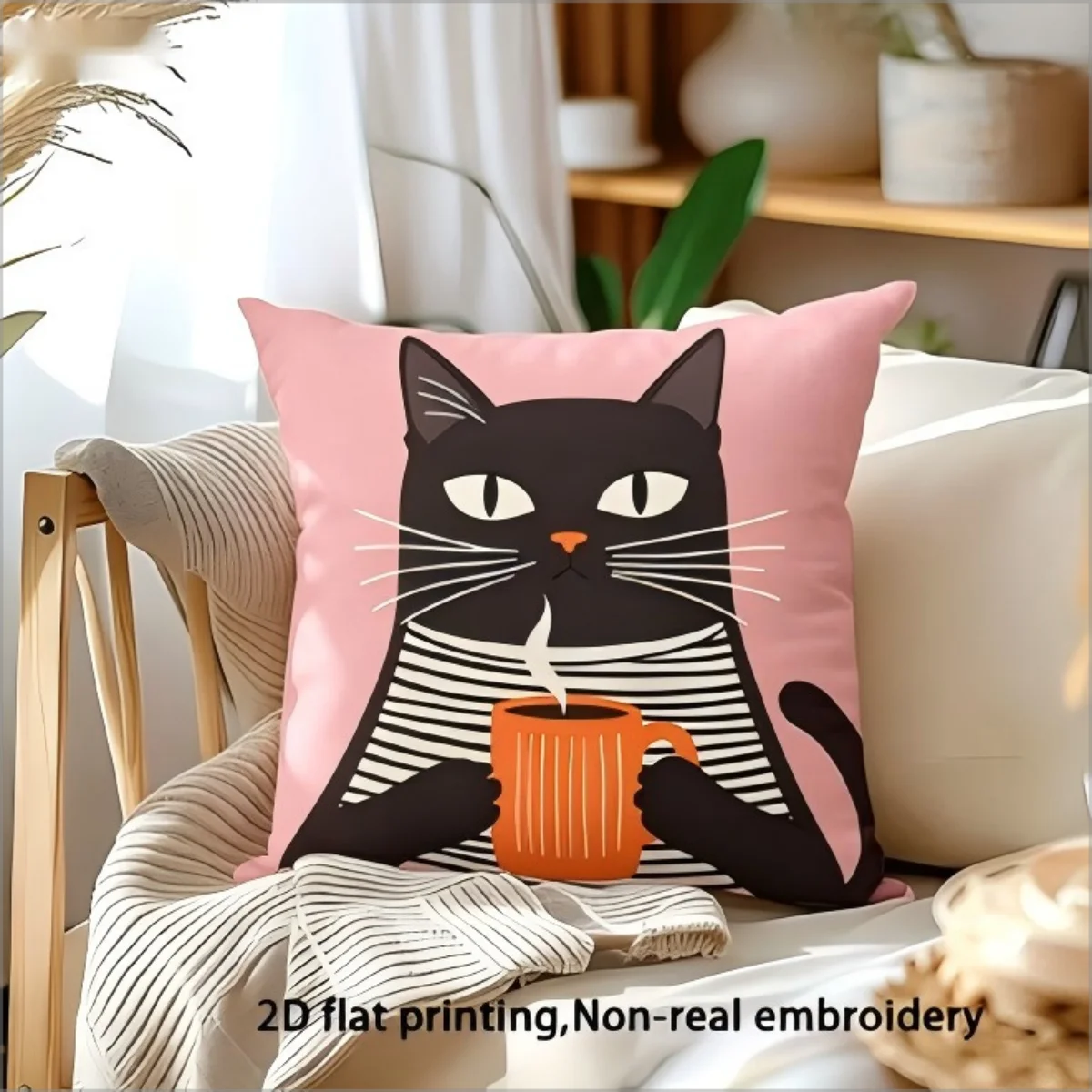 coussin carré imprimé chat noir tasse rayures horizontales bleu rose jaune gris vert polyester