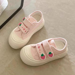 chaussures toile femmes printemps automne semelle caoutchouc talon moyen velcro boutons fraises blanc rose