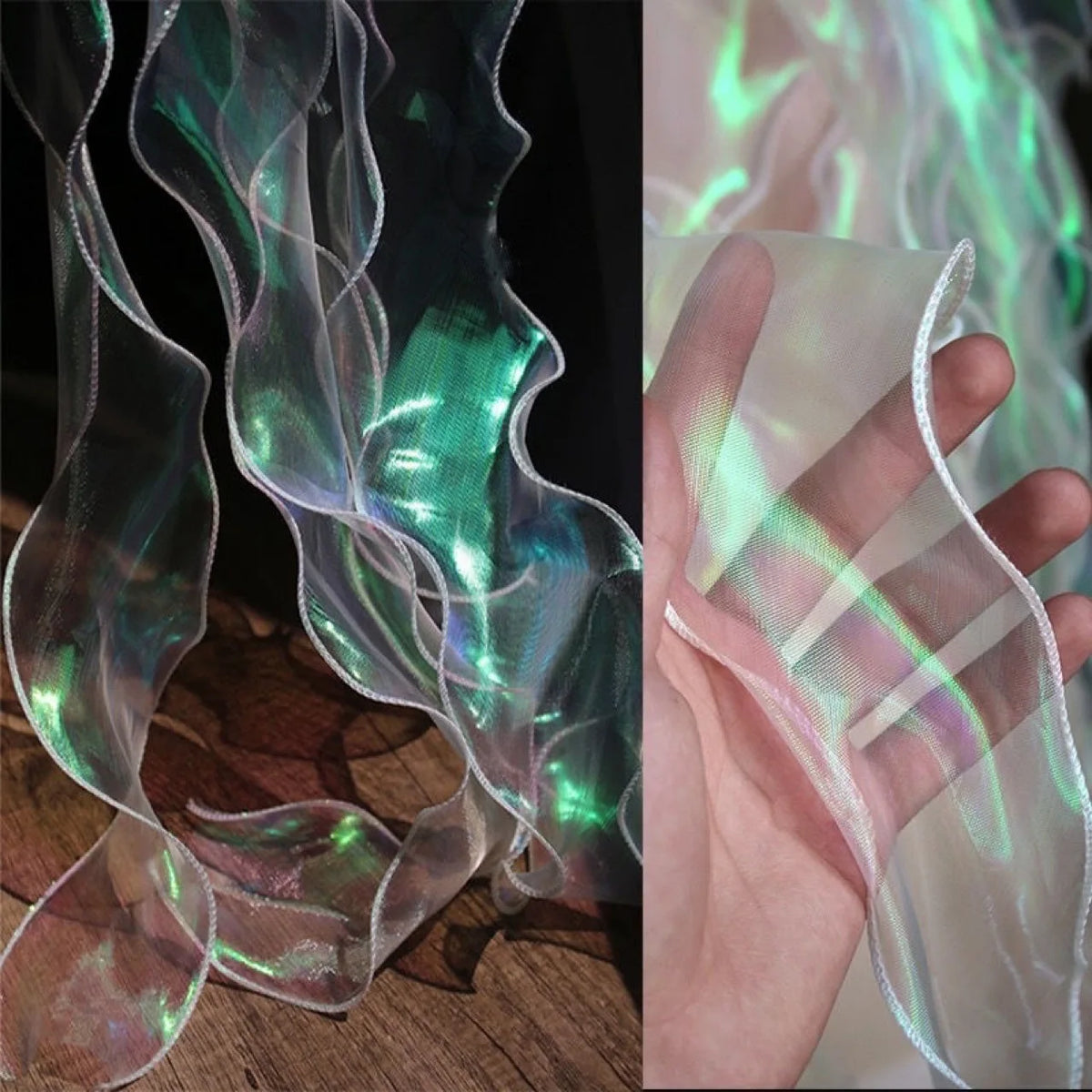 ruban organza polyester nylon 10m transparent vert rose rayures brillant semi transparent moderne élégant