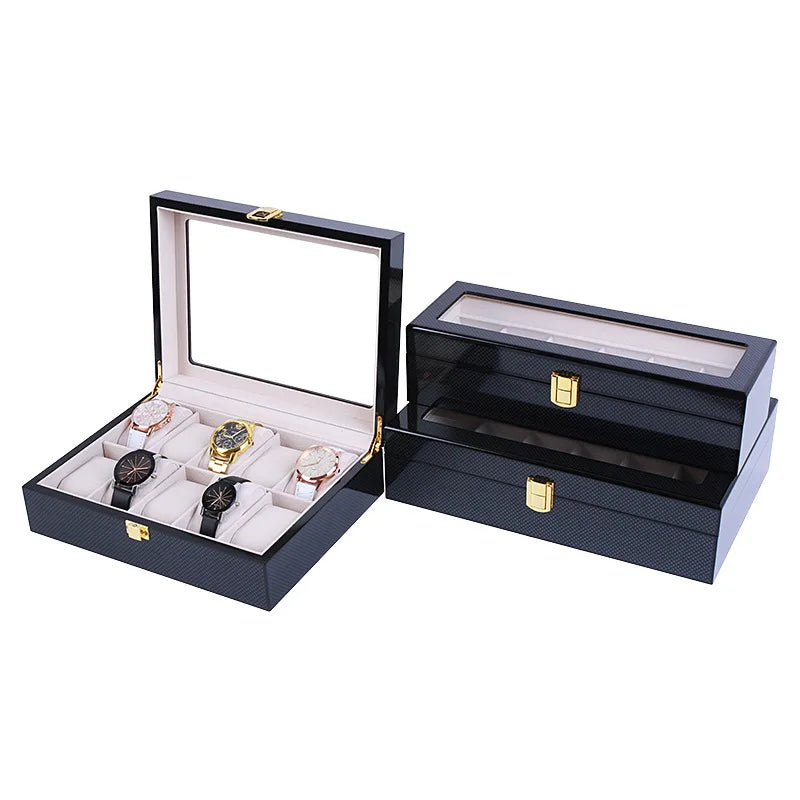 boîtes montres bois rouge foncé noir élégantes velours beige verre transparent cadenas dorés 10