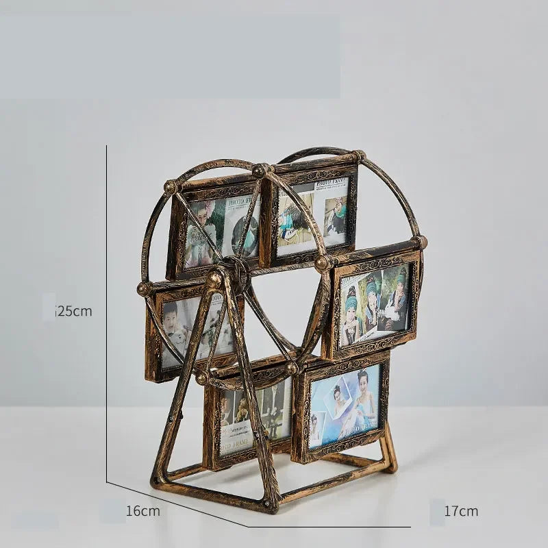 cadre photo vintage grande roue transparent bronze or argenté decoration florale photos inclusion industrielle