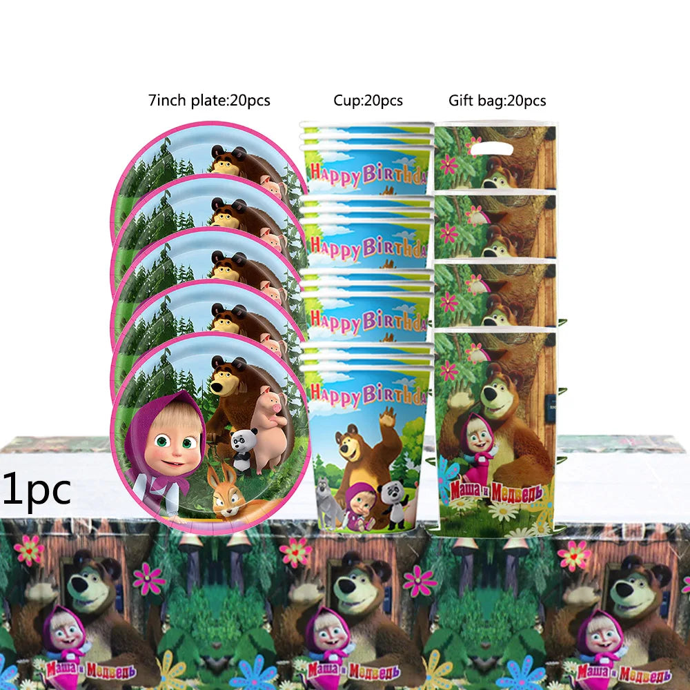 ensemble vaisselle jetable masha ours assiettes gobelets serviettes anniversaire enfant cartoon