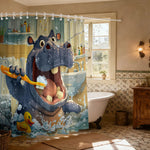 rideau douche classique hippopotame souriant fleurs bleu rose jaune vert opaque crochets