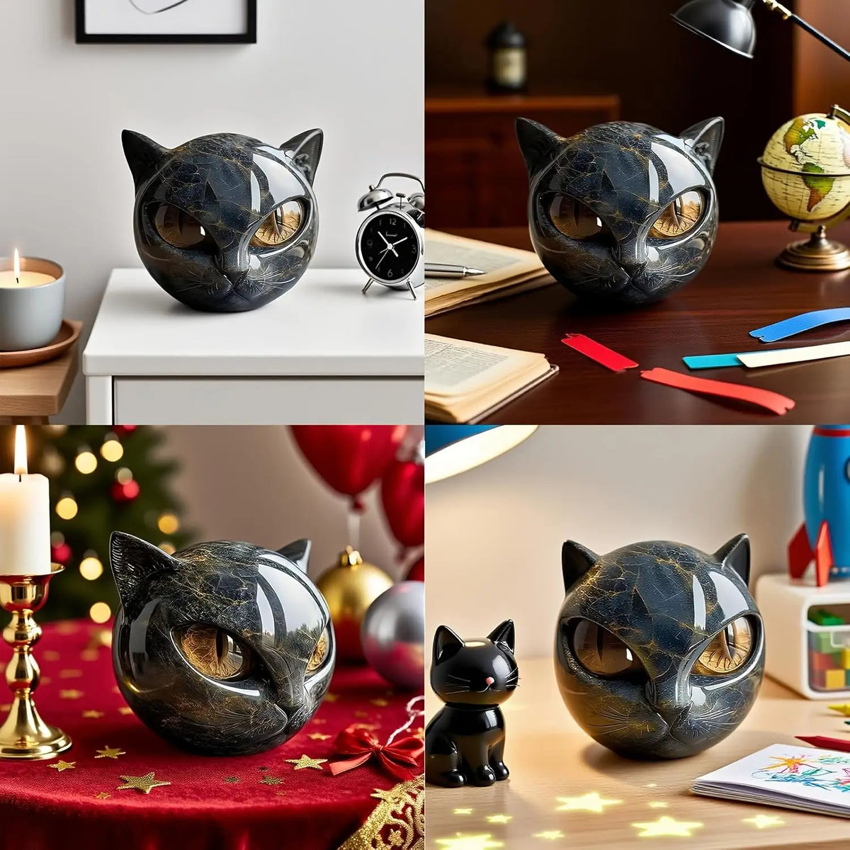 sculpture chat noir or résine marbrée moderne décoration intérieure artisanale table unique