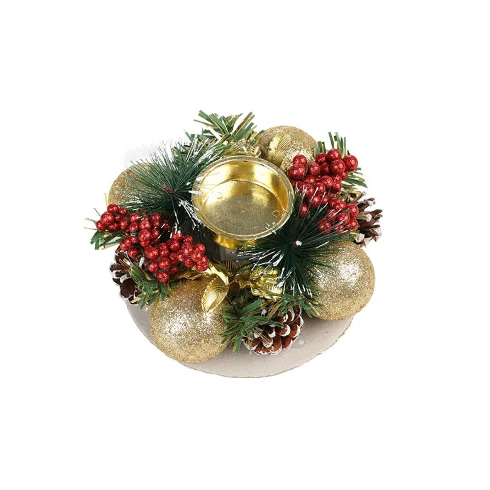 bouquet noel decoratif cones pin feuilles vertes boules or baies rouges ruban rouge