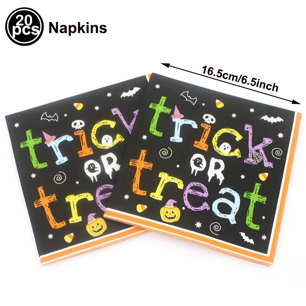 serviettes papier halloween motifs citrouille fantôme crâne main ensanglantée sorcière chauve souris cocktail