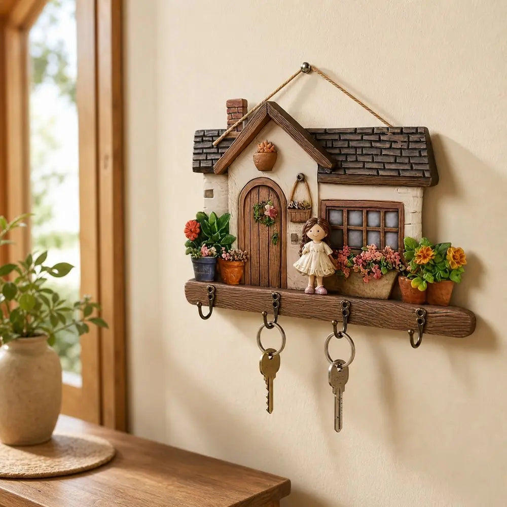 porte clés mural bois maison miniature couleurs vives plantes figurine kit