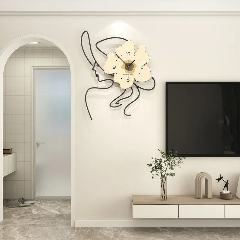 horloge murale moderne visage féminin fleurs minimaliste salon chambre
