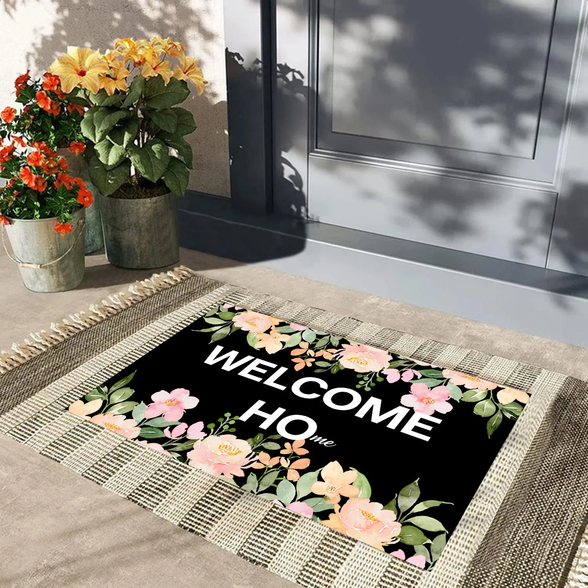 tapis d'entrée floral antidérapant résistant antibactéries moderne noir rose vert bienvenue