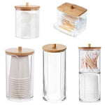 boîtes rangement cosmétiques transparentes couvercle bois moderne coton tige lingettes pinceaux rouges lèvres