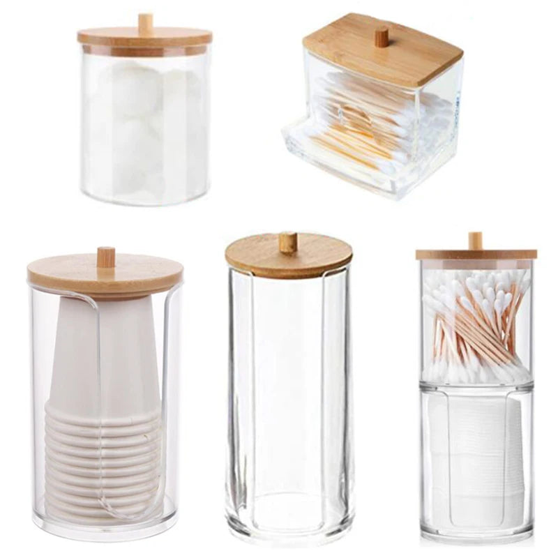 boîtes rangement cosmétiques transparentes couvercle bois moderne coton tige lingettes pinceaux rouges lèvres