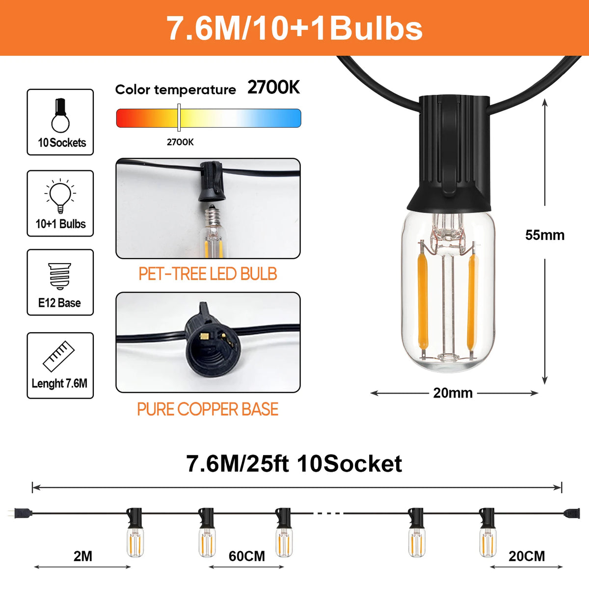 guirlande lumineuse vintage noir transparent ampoules filament clips câble électrique 25ft 50ft led 1w