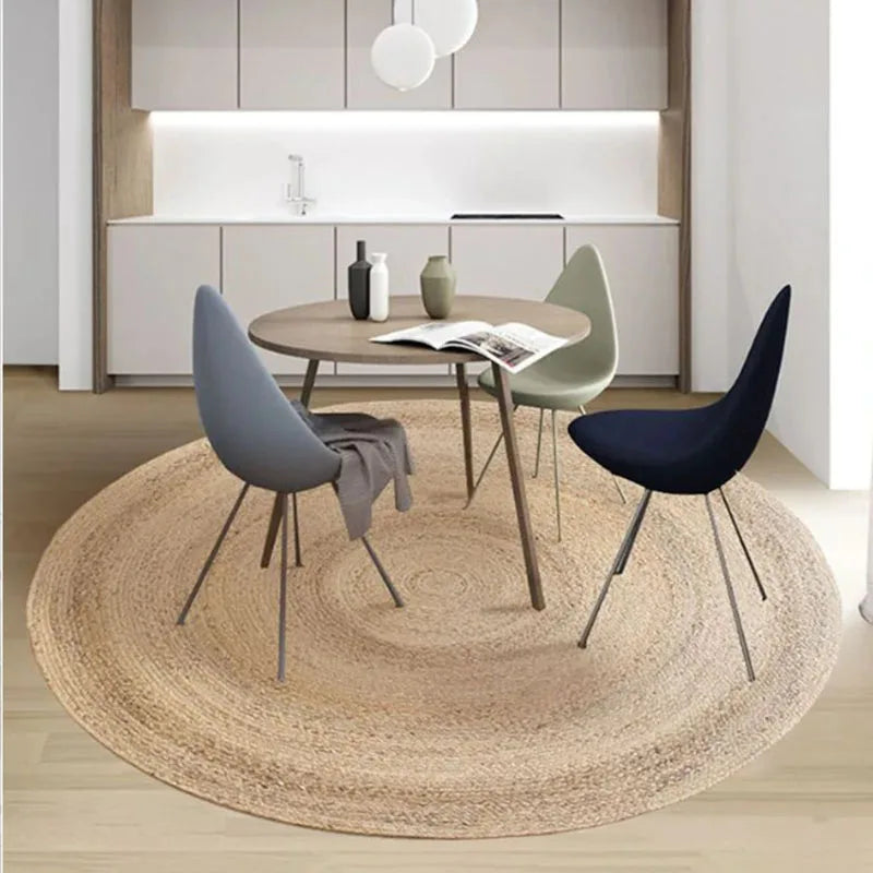 tapis rond tissé géométrique moderne rustique juteux beige clair salon chambre décoration nordique main