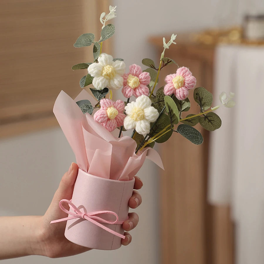 bouquet artificiel fleurs boutons blanc rose violet orange bleu feuilles vertes ruban satin decoration