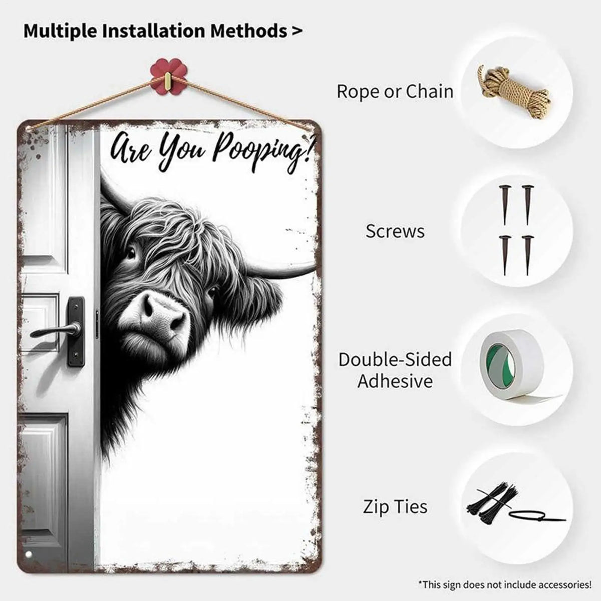 panneau decoratif metal vache highland rustique humoristique fond gris entrouverture toilettess