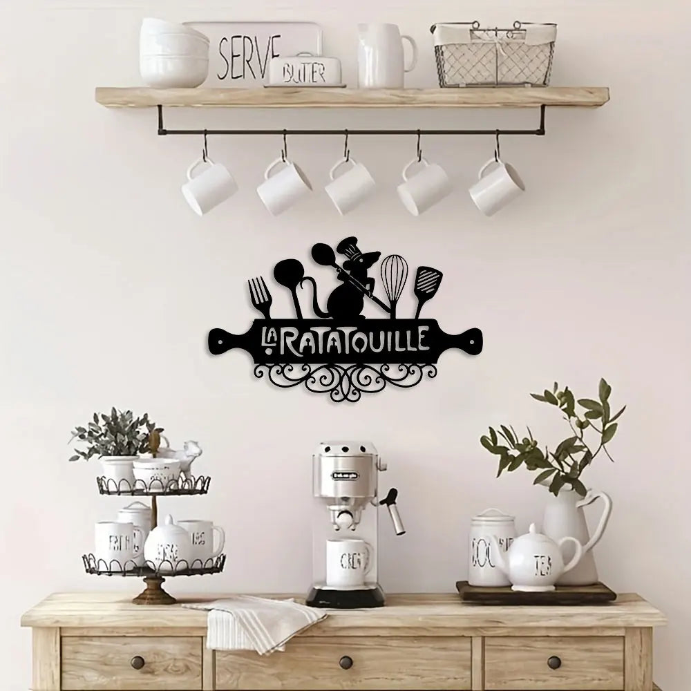 plaque murale décorative artisanale souris cuisine ustensiles noir adhésif moderne couteau fourchette spatule cuillère