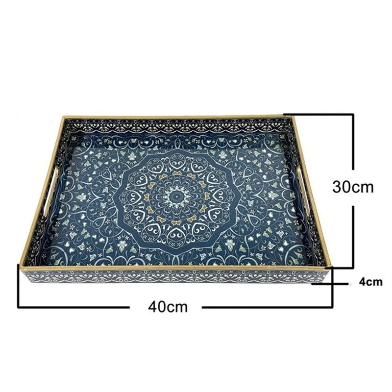 plateau rangement vintage plastique bleu marine motif floral poignées métalliques décoration intérieure classique