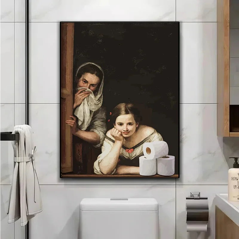 Tableau déco mural toile Mona Lisa drôle dans une salle de bain élégante