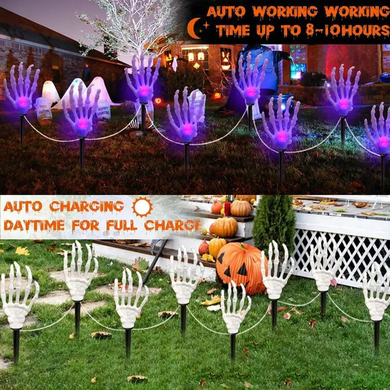 ornement halloween main squelette lumineuse blanche translucide piquet câble blancextérieur eiD festive