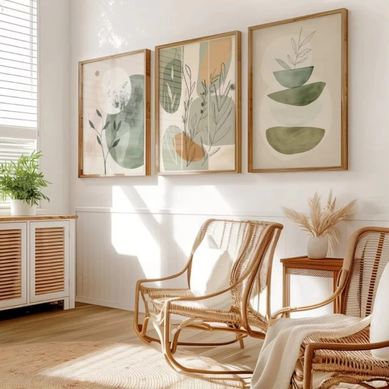 tableaux abstraits nature morte moderne botanique minimaliste vert beige orange rose blanc