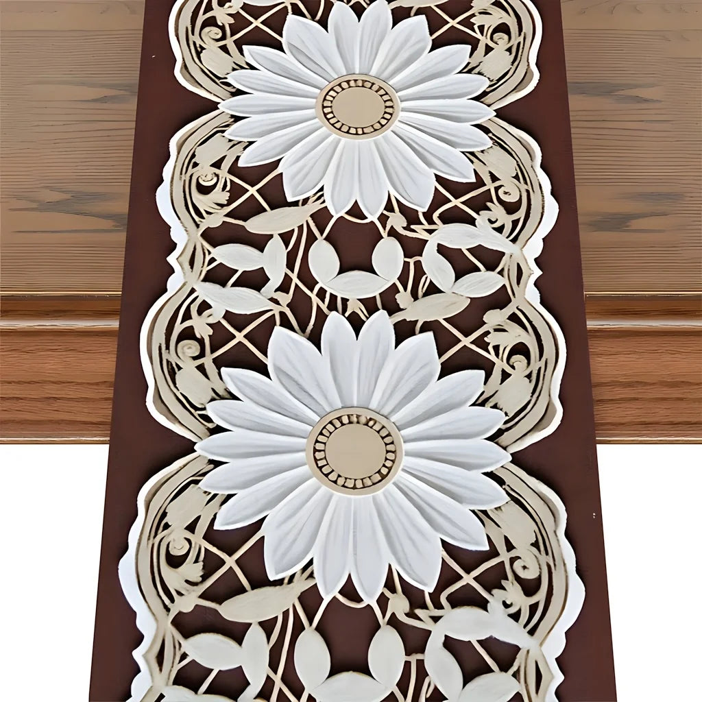 nappe décorative motif tournesols floral marron foncé beige blanc table mariage fête
