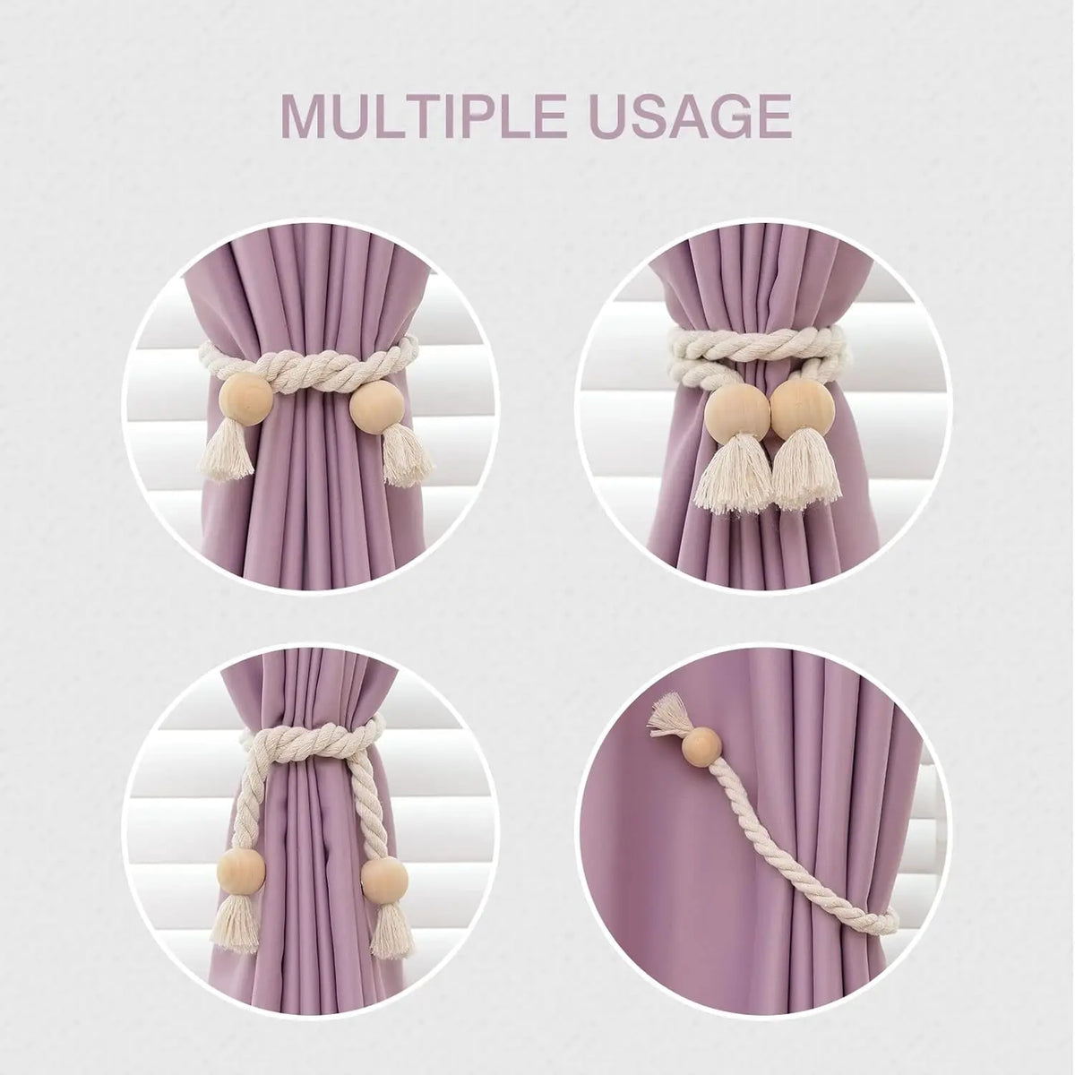 boucles aimants bois pompons franges rideau moderne rustique tissu coton corde tressée violet clair