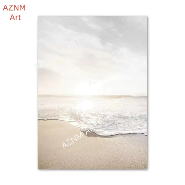 affiches art minimaliste paysages marins plumes feuilles beige blanc gris bleu clair toile opaques