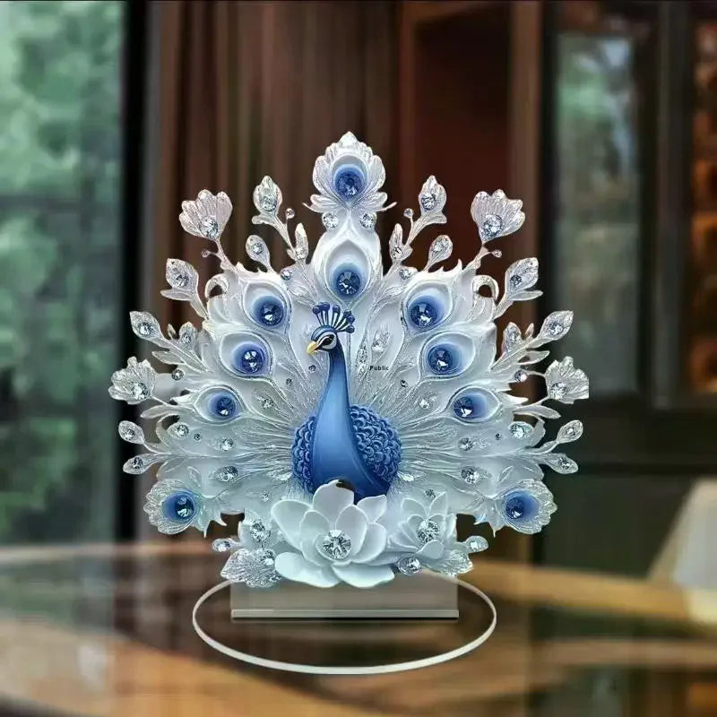 statue paon bleu plumes strass motif floral décoration intérieure support transparent ornement