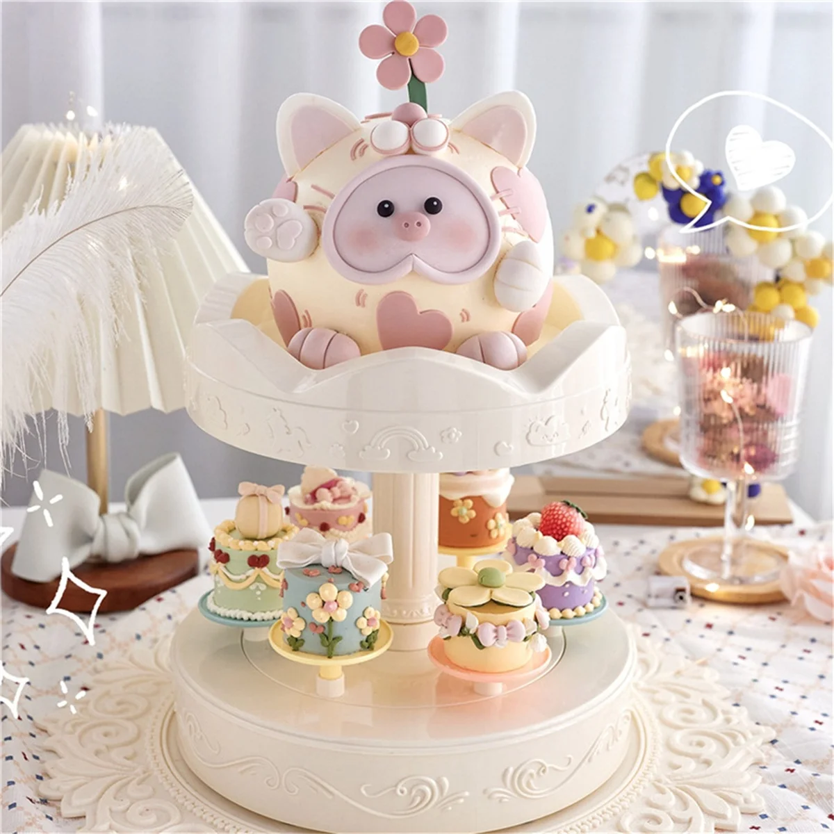 présentoir desserts classique blanc décorations florales cupcakes macarons tournant support gâteaux central individuels plateaux