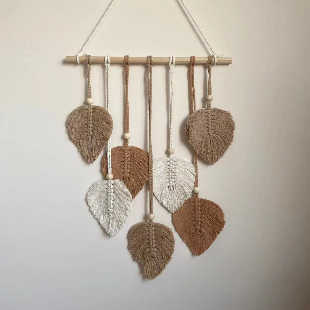 tapisserie murale coton feuilles stylisées vert blanc beige bohème moderne fixations decoration mur hanging