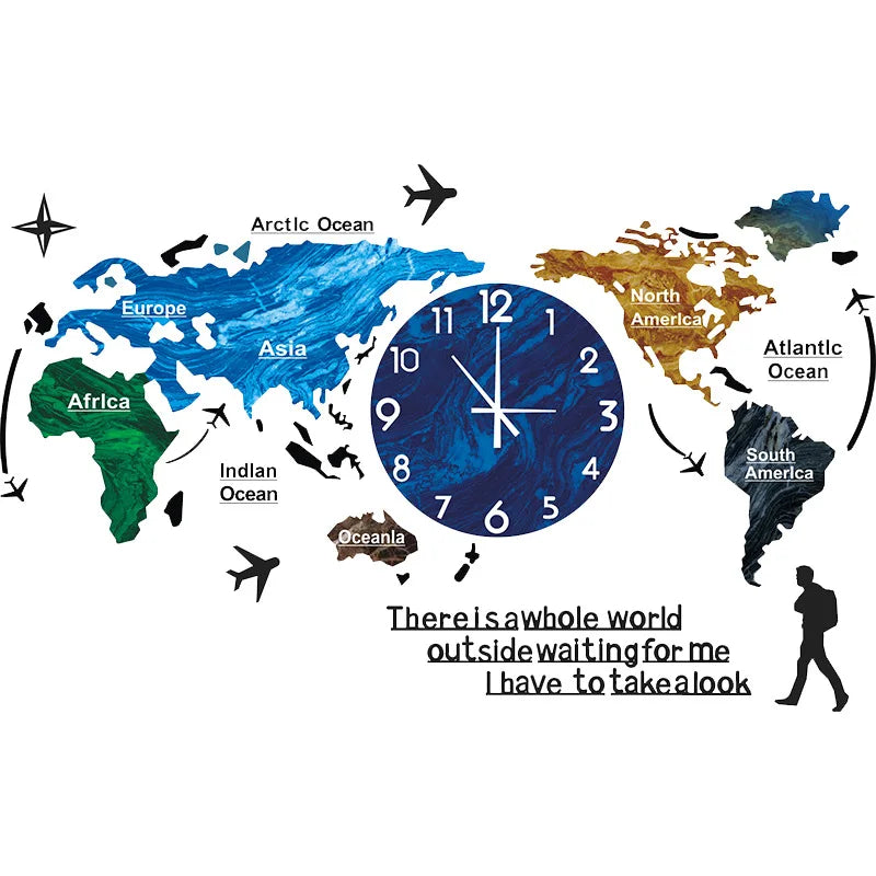 horloge murale moderne carte monde colorée aiguilles blanches textes noirs bleu noir transparent