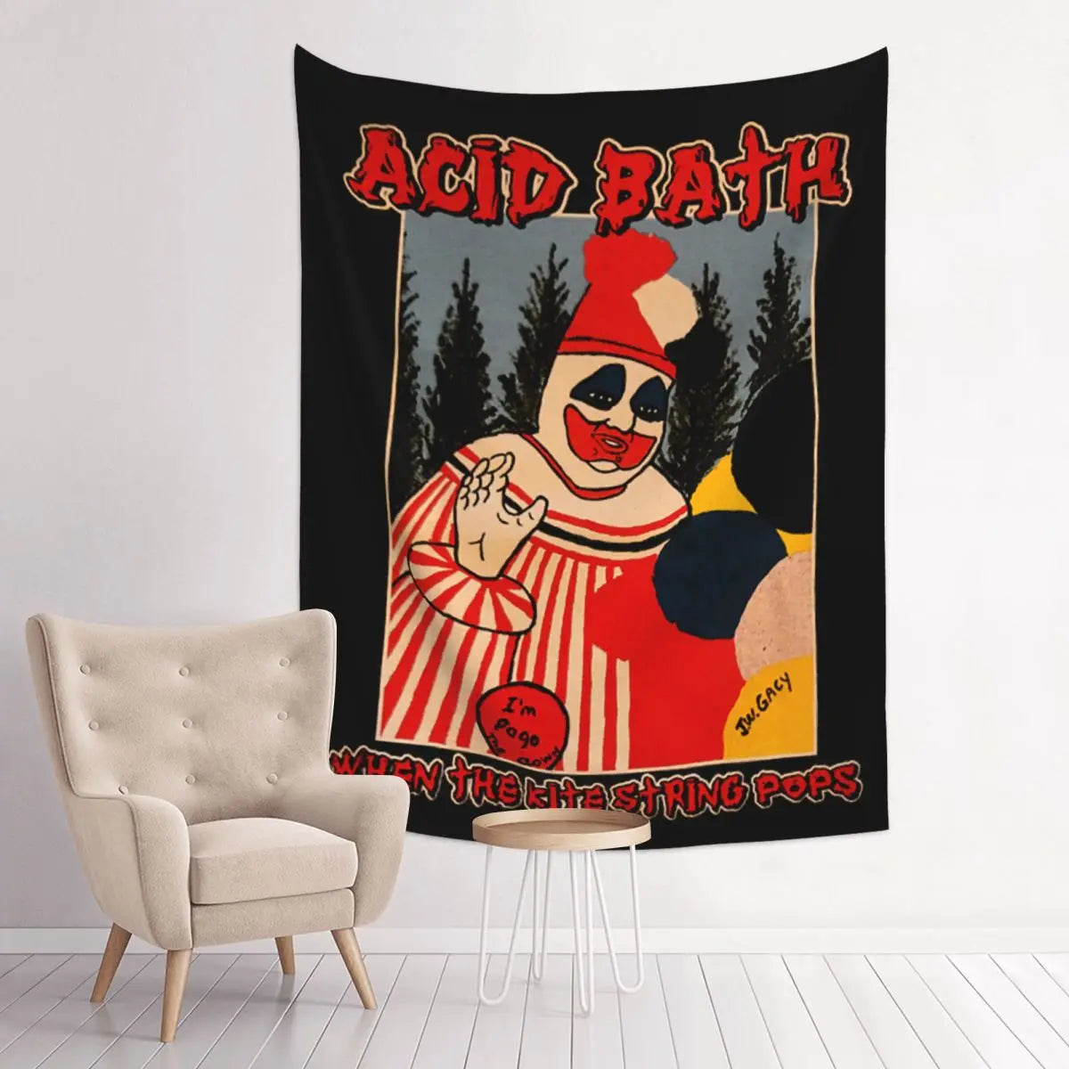 tapisserie pop art clown balles acid bath noir rouge blanc bleu Jaune