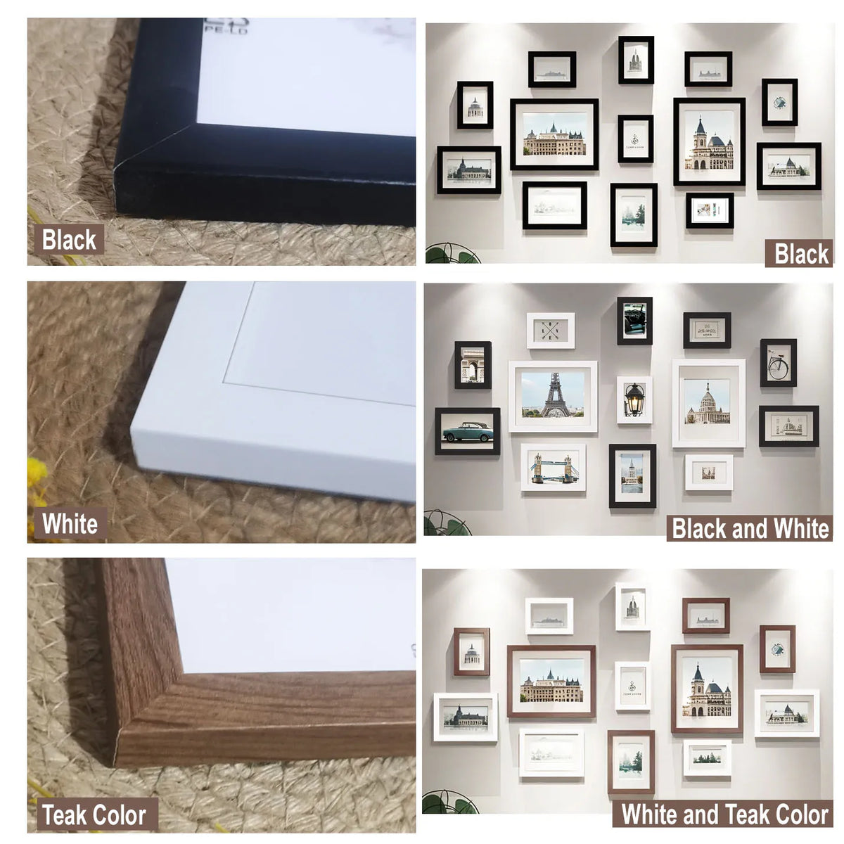 cadres photo bois teak noir blanc modernes minimalistes différents grille positionnement
