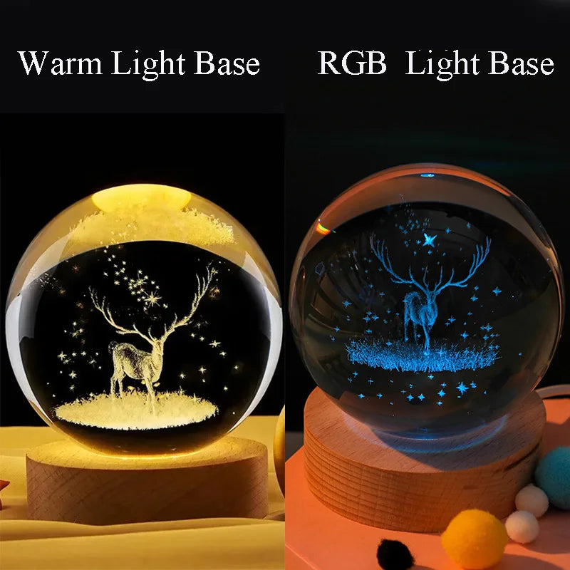 veilleuse boule cristal galaxie saturne transparente base bois minimaliste led éclairage maison decoration