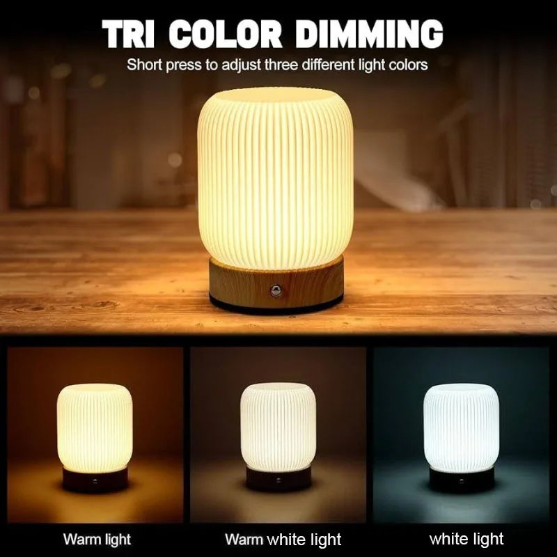 lampe table rechargeable led blanc bois moderne rayures verticales base plate minimaliste températures couleur