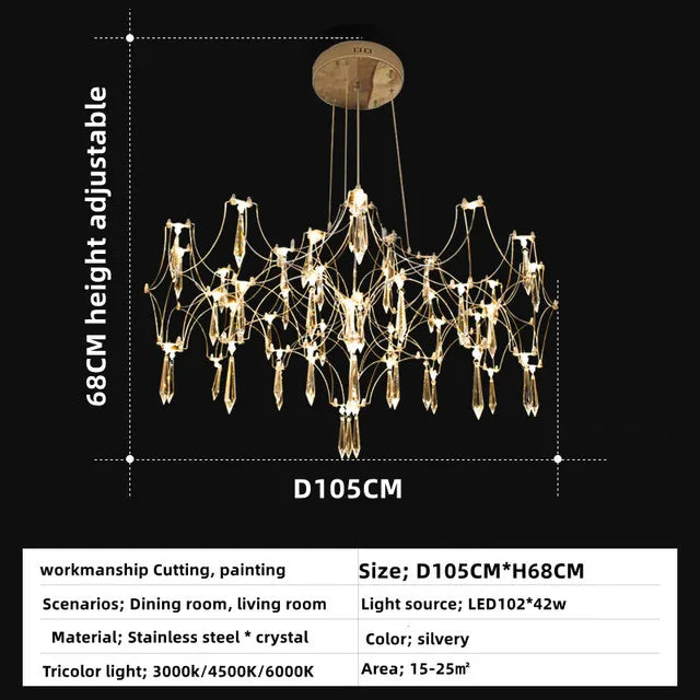 lustre moderne or cristaux transparents branches stylisées salon chambre principale