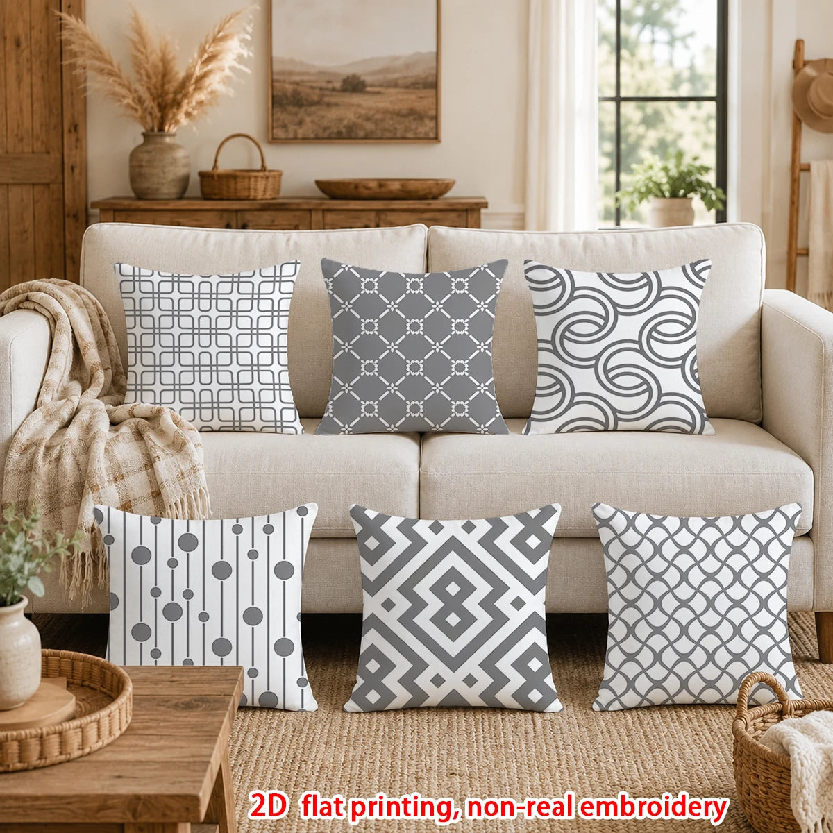 lot housses coussin rectangulaires motifs géométriques gris blanc salon moderne