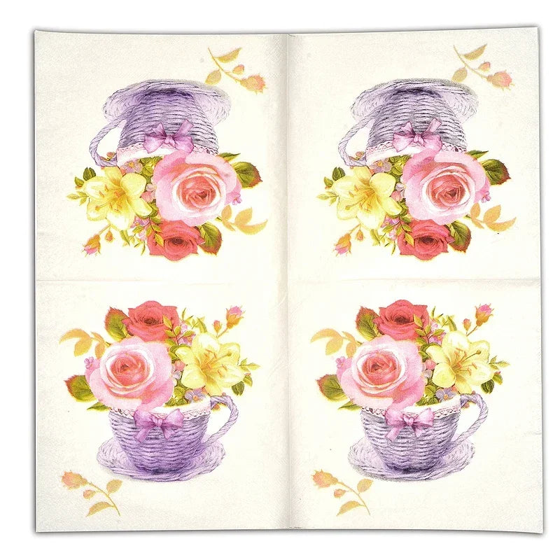 serviettes papier bouquet fleurs tasse vintage blanc rose violet jaune vert mariage festive