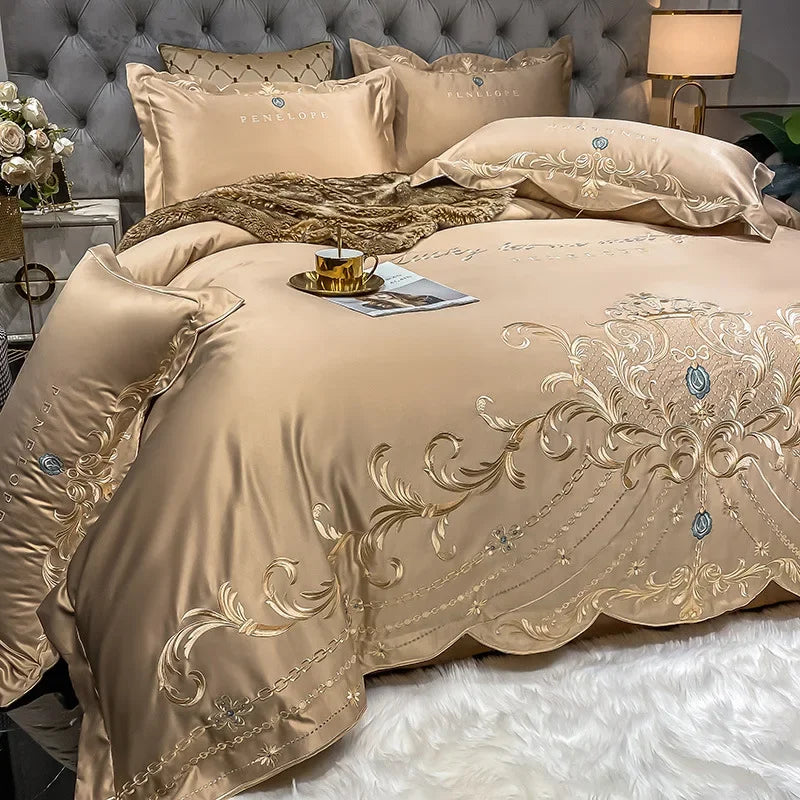 ensemble literie classique broderie dorée motifs floraux beige rouge violet bleu vert