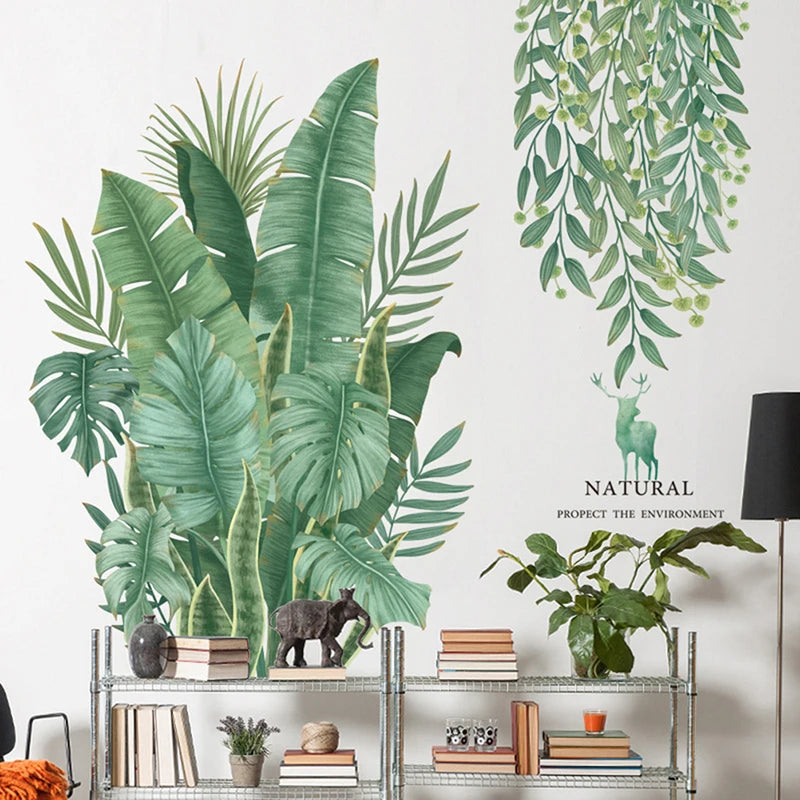 sticker mural décoration feuilles plantes tropicales aquarelle naturel moderne 30x90cm