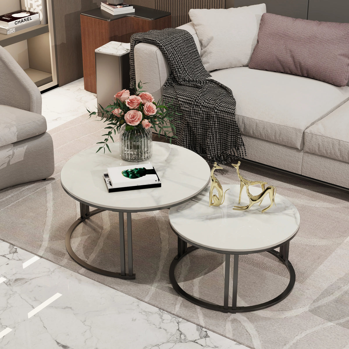 tables basses modernes marbre blanc gris pieds métalliques ensemble deux minimalistes assemblage