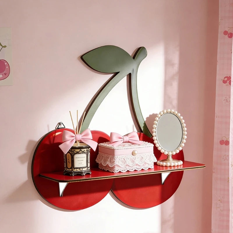 étagère murale cerise rouge feuille verte moderne clips métalliques miroir