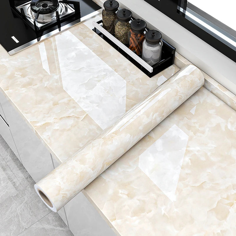 autocollant mural cuisine marbre blanc beige film adhésif étanche carrelage plan travail