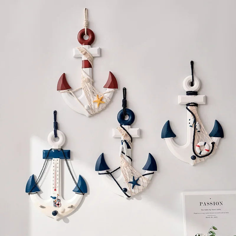 décoration murale ancre bois nœuds bleu rouge thermomètre coquillages étoiles mer opacité