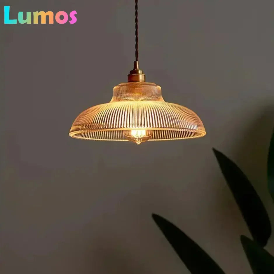lampe suspendue vintage rétro dorée transparente rayures horizontales câble torsadé ampoule inclusion